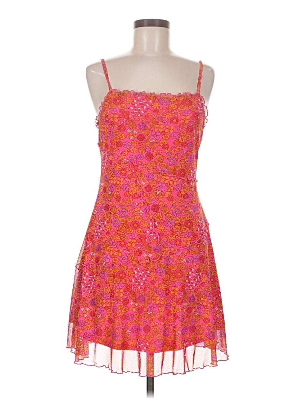 Retro Floral Pattern Sheer Overlay Pink Dress - size M